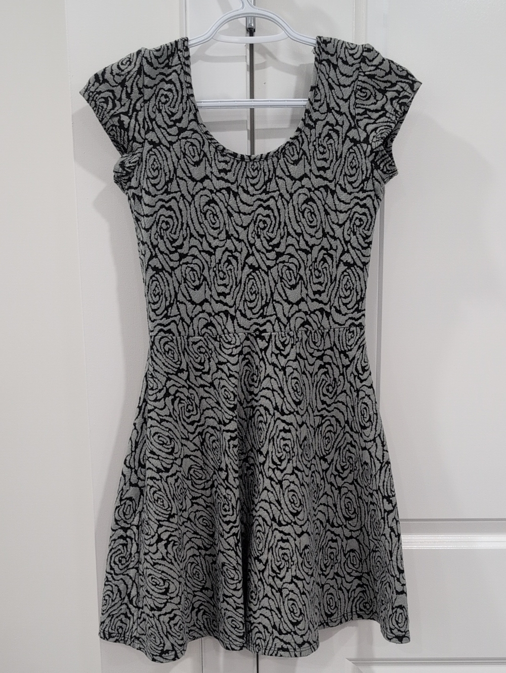 Snap Black & Gray Rose-Pattern Fit-and-Flare Mini Dress